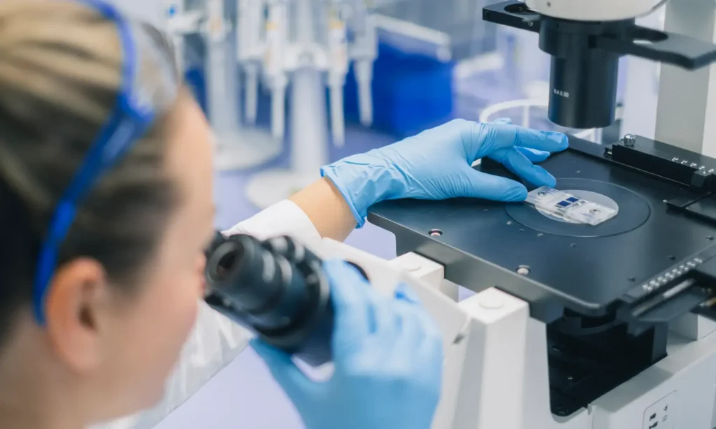 Ein Wissenschaftler mit blauen Handschuhen führt IVDR-Leistungsstudien durch und betrachtet dabei im Labor durch ein Mikroskop einen Objektträger, während im unscharfen Hintergrund Laborgeräte zu sehen sind.