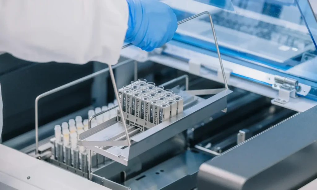 Eine behandschuhte Hand legt einen mit Reagenzgläsern gefüllten Metallgestell in ein Laborgerät zur Analyse ein, was die effiziente Probenverwaltung in einem klinischen oder Forschungslabor verdeutlicht, das sich auf wissenschaftliche Untersuchungen konzentriert.