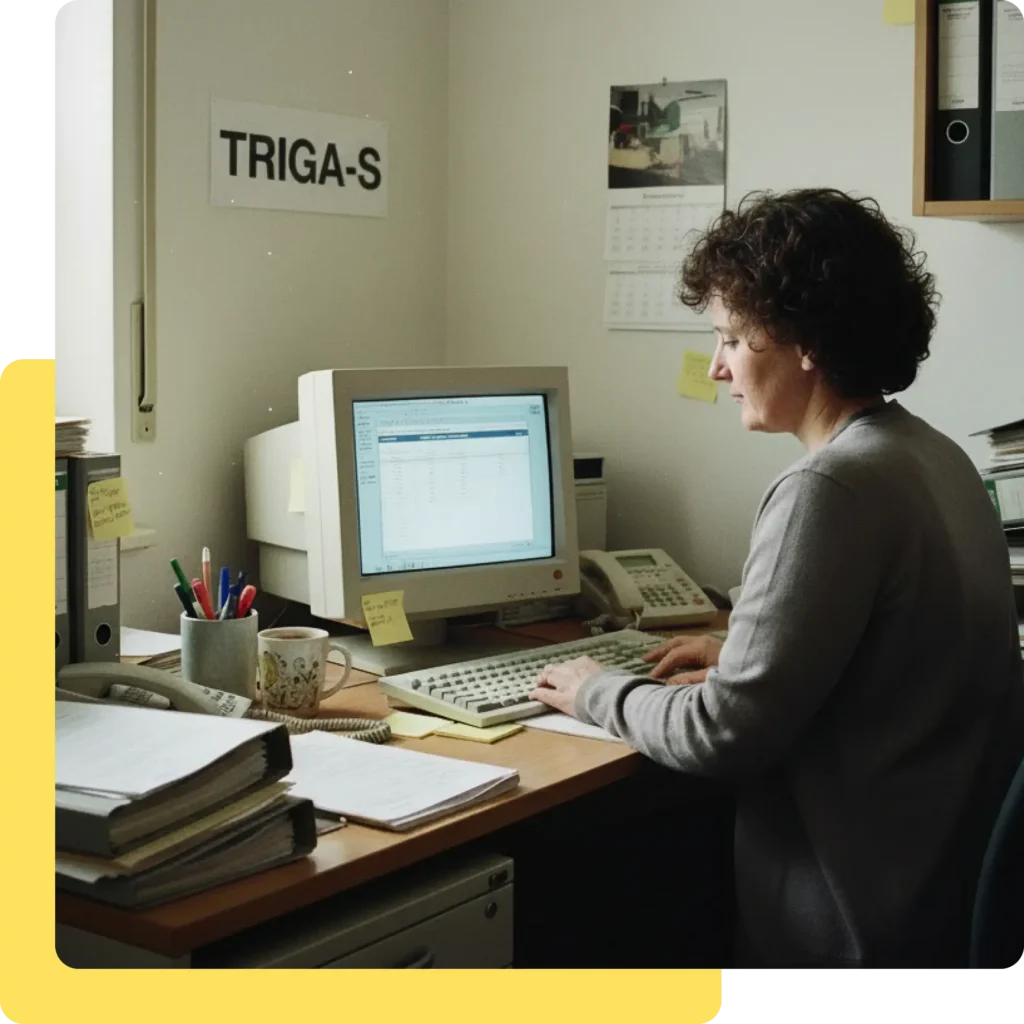 Eine Frau mit lockigem Haar sitzt an einem überfüllten Schreibtisch und tippt auf einer Computertastatur. Umgeben von Papieren, einer Tasse und Büromaterial verfolgt sie ihre Karriere bei TRIGA-S, wie das Schild an der Wand hinter ihr verdeutlicht.