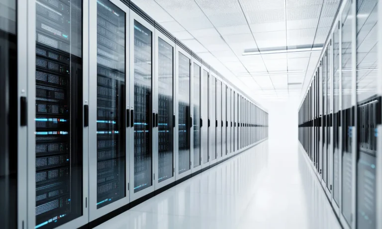 Ein modernes, hell erleuchtetes Rechenzentrum mit Reihen schwarzer Serverracks und Glastüren, in denen sich das blaue Licht der Server spiegelt. Dieser Hightech-Raum unterstützt kritische Systeme wie Eudamed und gewährleistet eine saubere und sichere digitale Umgebung.