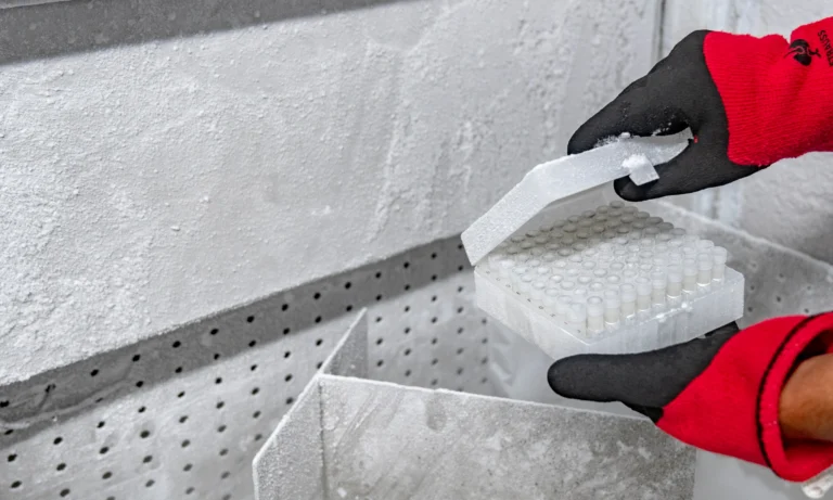 A person wearing red and black gloves opens a container of test tubes inside a frosty laboratory freezer, ensuring proper sample storage. Frost covers the surfaces, indicating cold storage conditions.