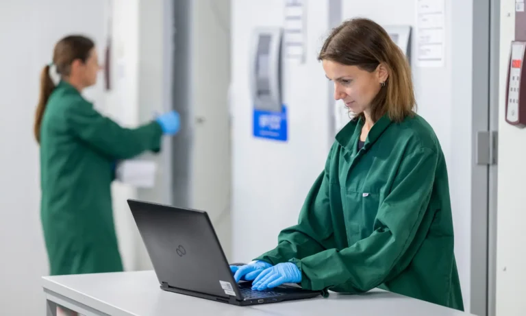Eine Frau in einem grünen Laborkittel und blauen Handschuhen arbeitet an einem Laptop an einem Labortisch, möglicherweise um CRF-Daten auszuwerten, während im Hintergrund in der Nähe von Laborgeräten eine weitere Person in ähnlicher Kleidung zu sehen ist.