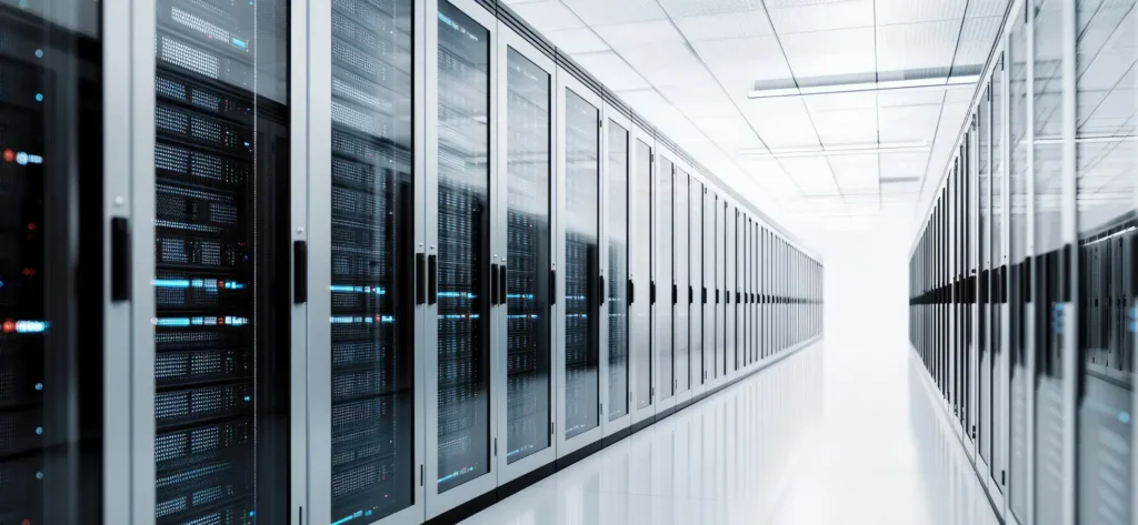 Ein modernes, hell erleuchtetes Rechenzentrum mit Reihen von Serverracks, die mit Glastüren und sichtbaren blauen Kontrollleuchten ausgestattet sind – ideal für die sichere Speicherung von Eudamed-Daten – spiegelt sich auf einem glänzenden weißen Boden wider.