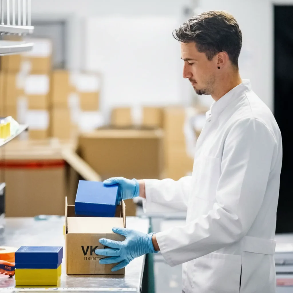 Ein Mann in einem weißen Laborkittel und blauen Handschuhen packt blaue Schachteln in einen Karton und demonstriert dabei die Verwaltung von Materialien für klinische Studien in einer Lager- oder Laborumgebung, im Hintergrund sind Regale und Verpackungen zu sehen.