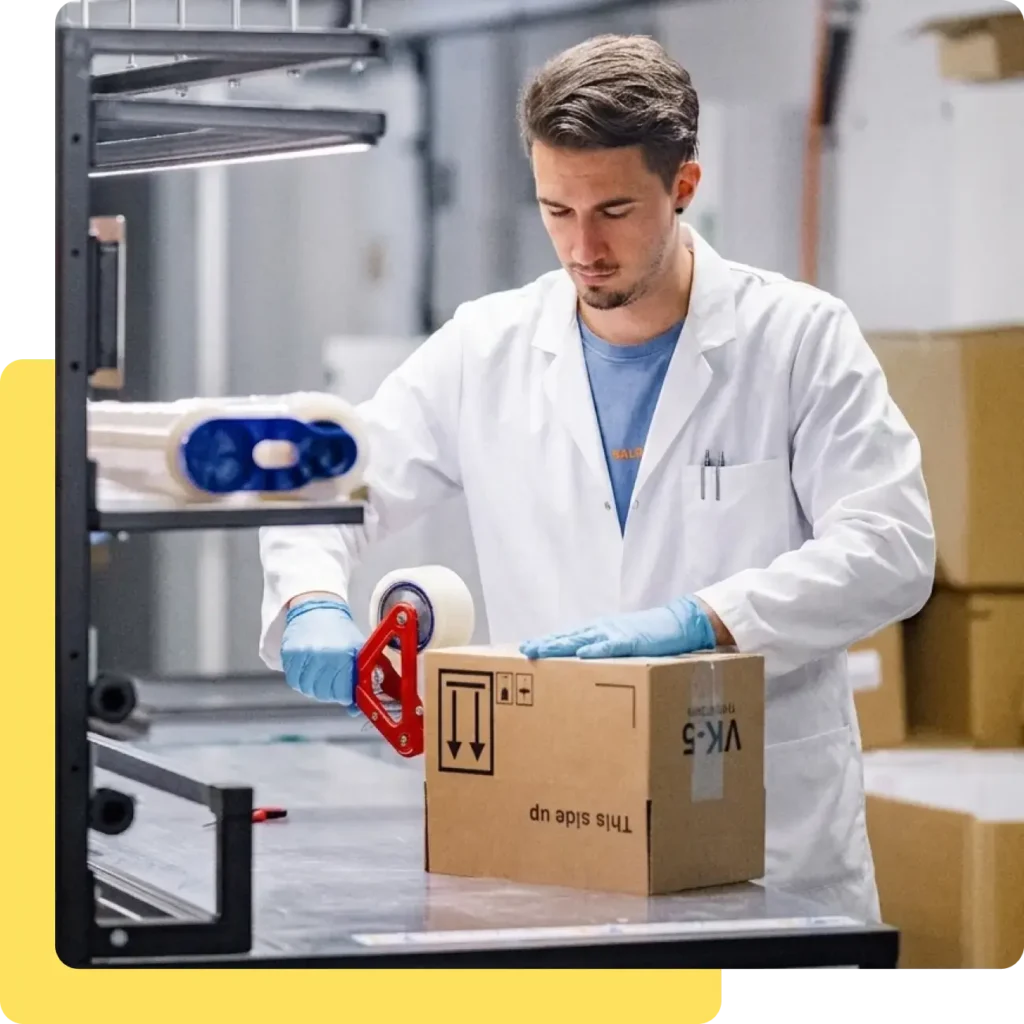 A man wearing a white lab coat and blue gloves seals a cardboard box with packing tape on a table in a warehouse, demonstrating careful sample management. Shelves, rolls of tape, and other boxes are visible in the background.